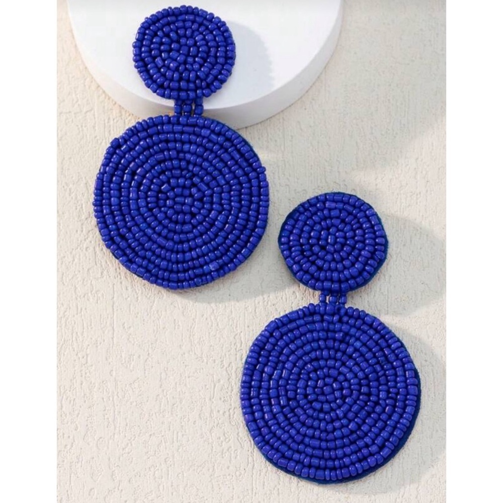 Blue beaded double circle drop earrings